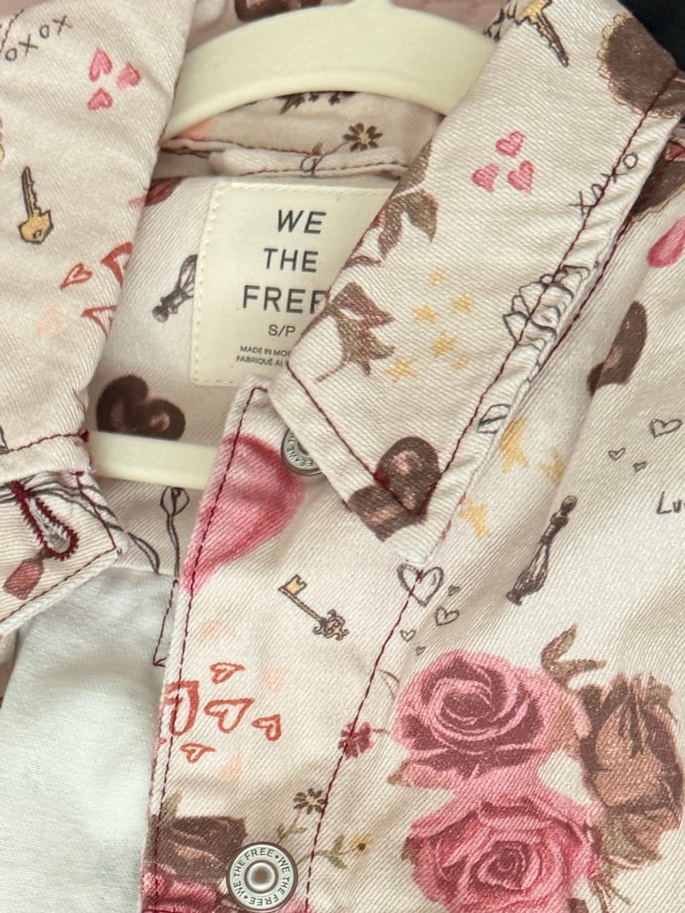 We The Free Cream Denim Jacket with Pink & Brown Floral Hearts